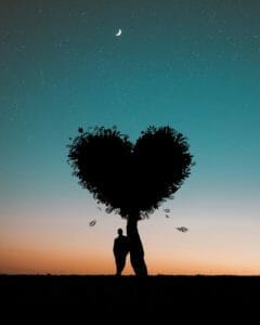 silhouette photo of man leaning on heart shaped tree