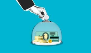 cutout paper composition of human and money under dome